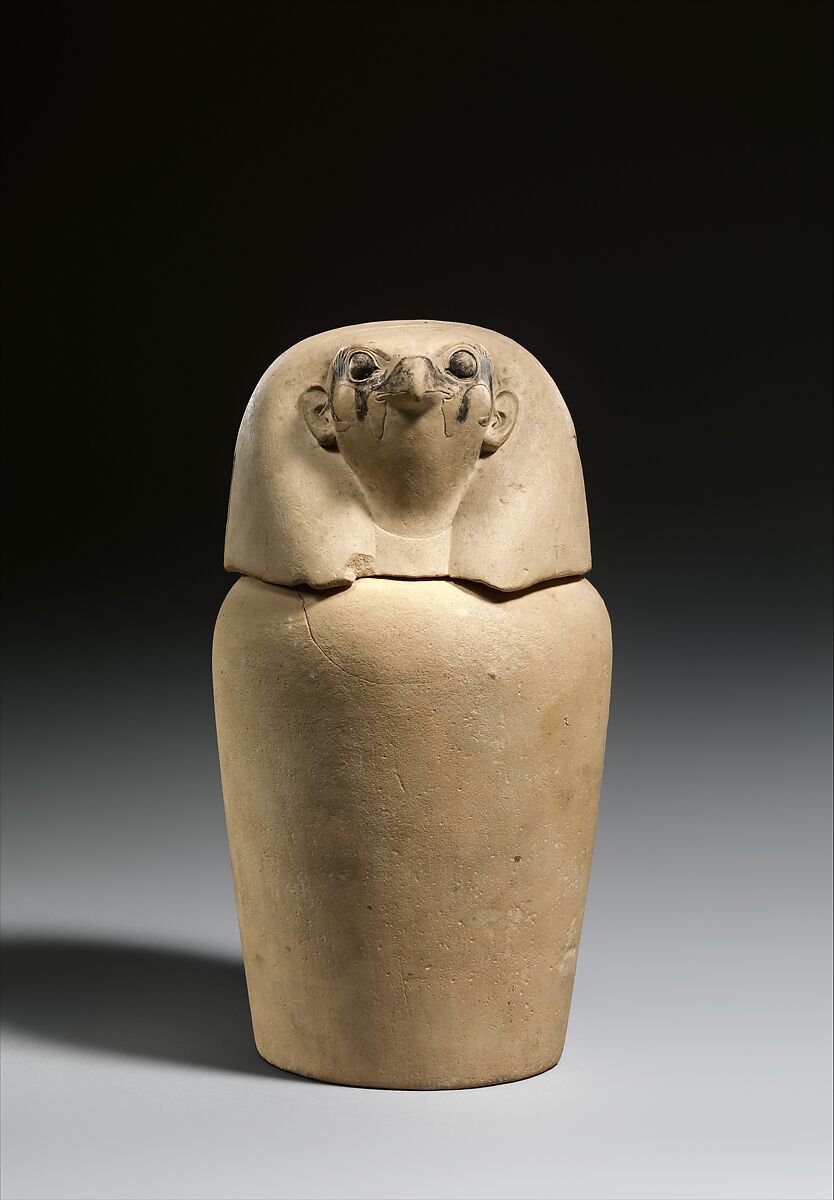 Canopic Jar Representing the Deity Qebehsenuef, Limestone, paint 