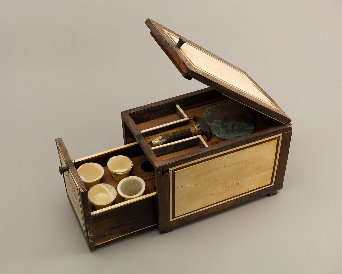Cosmetic Box of the Royal Butler Kemeni, Cedar, with ebony and ivory veneer and silver mounts
