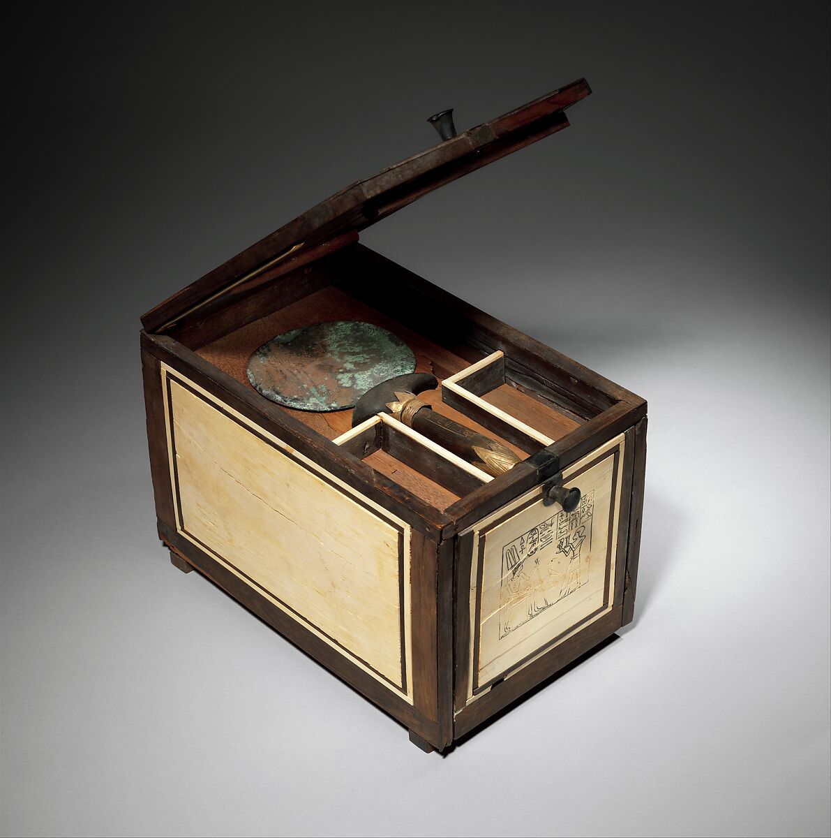 Cosmetic Box of the Royal Butler Kemeni, Cedar, with ebony and ivory veneer and silver mounts