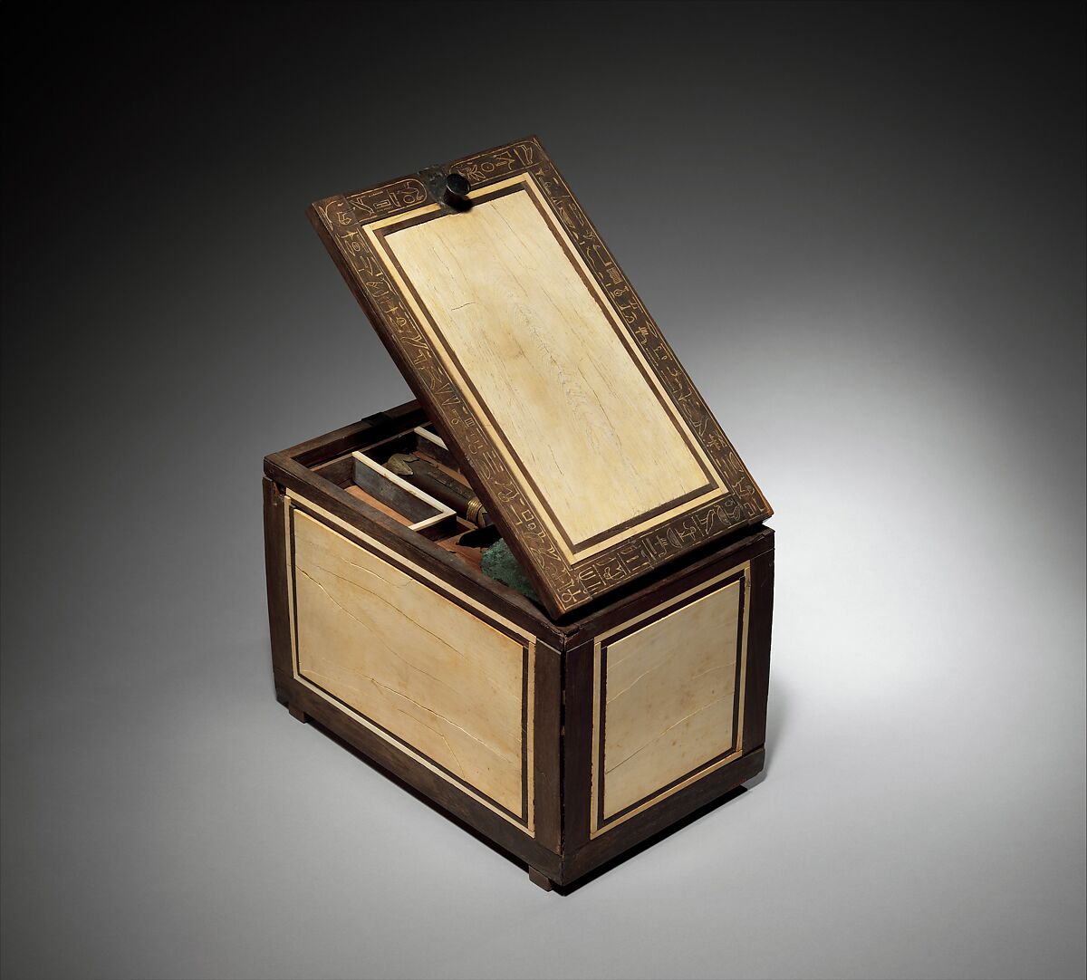 Cosmetic Box of the Royal Butler Kemeni, Cedar, with ebony and ivory veneer and silver mounts