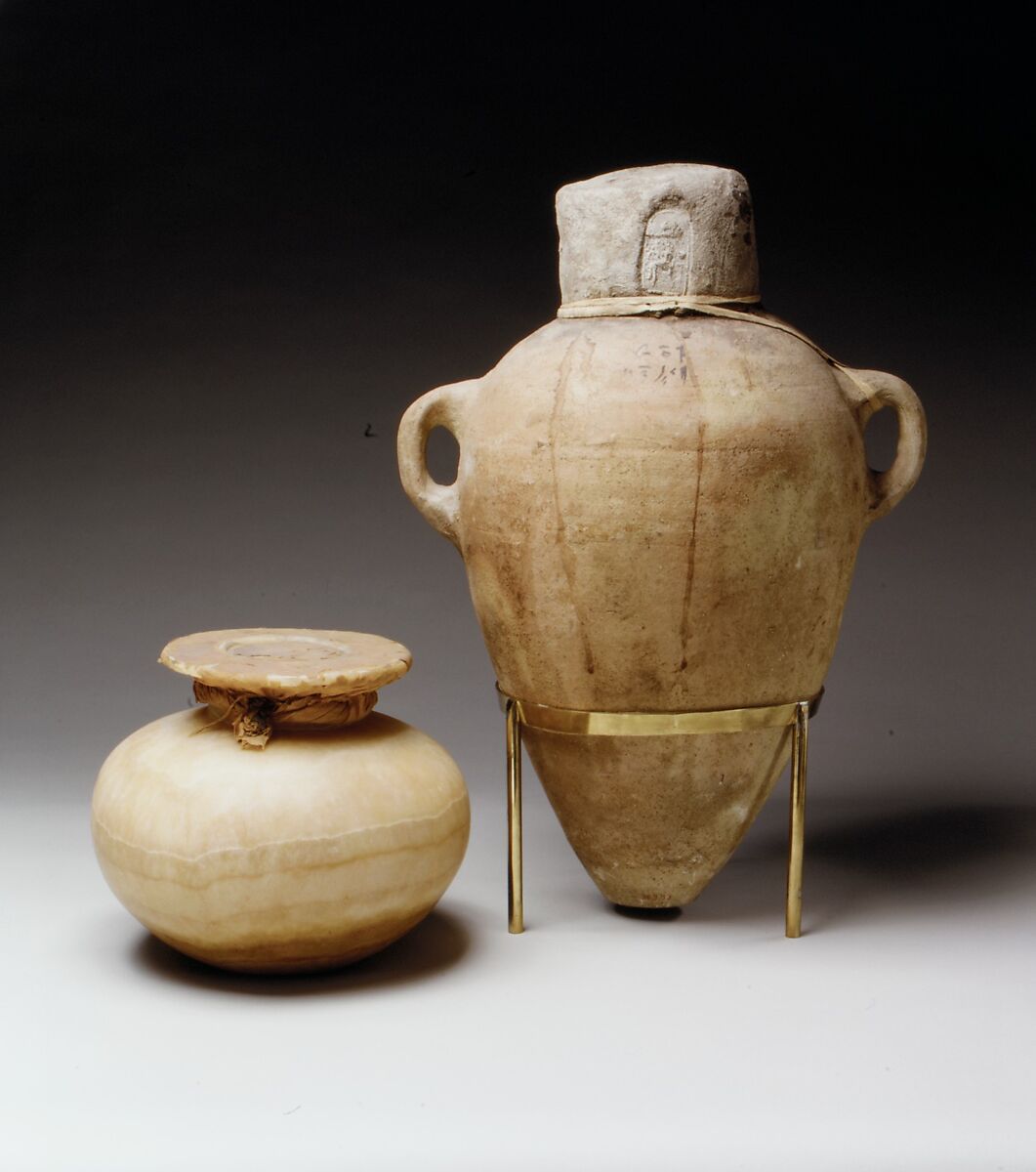 Large Sealed Storage Jar, Travertine (Egyptian alabaster), linen, mud 