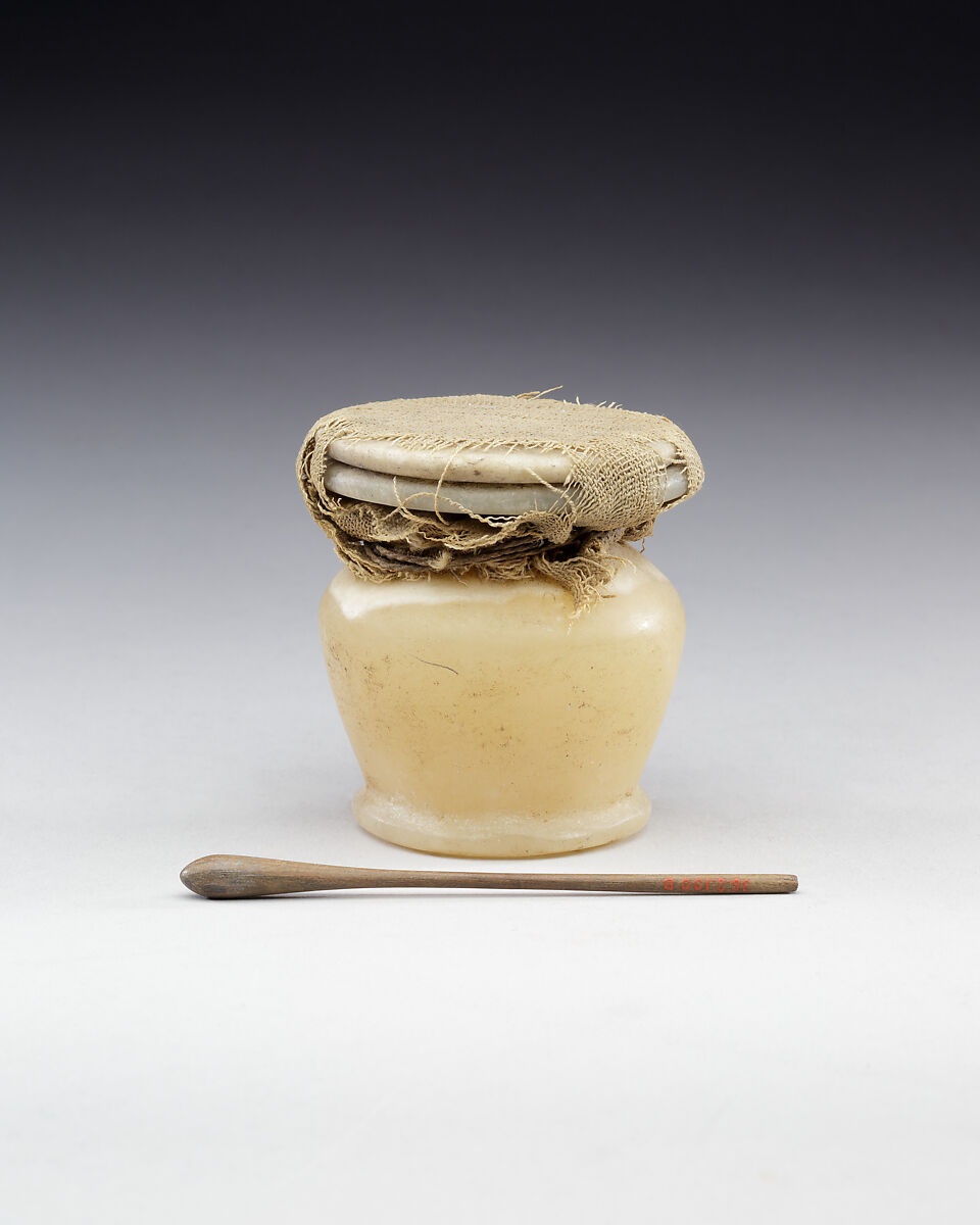 Kohl Jar with the Lid Tied in Place and Kohl Stick, Travertine (Egyptian alabaster), linen, linen cord, ebony 