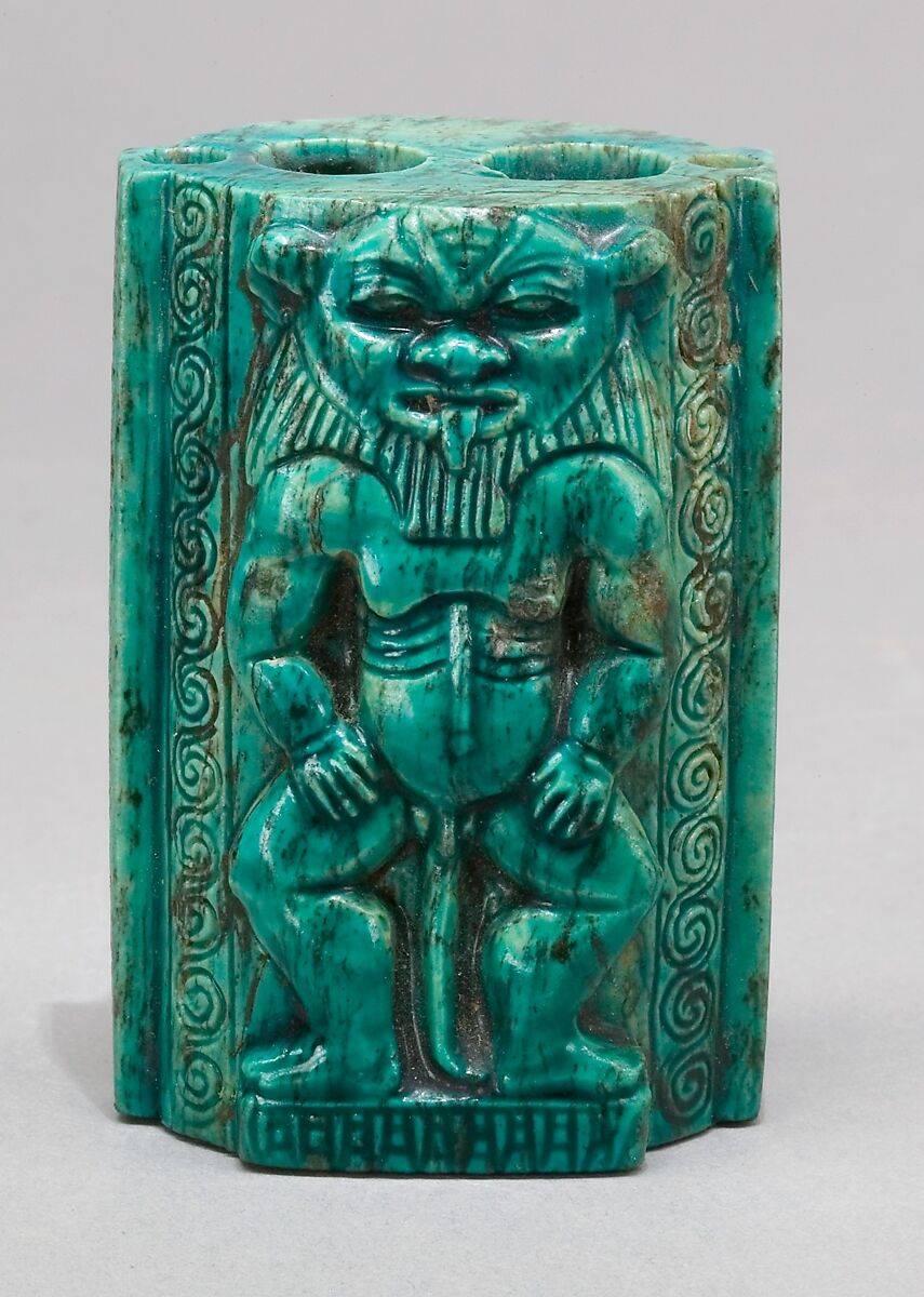 Cosmetic container decorated with a pair of Bes-images, Steatite, glazed