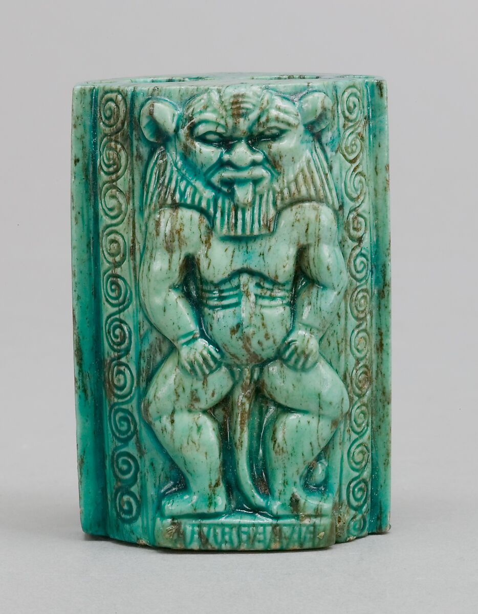 Cosmetic container decorated with a pair of Bes-images, Steatite, glazed