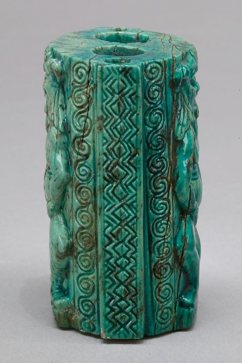 Cosmetic container decorated with a pair of Bes-images, Steatite, glazed