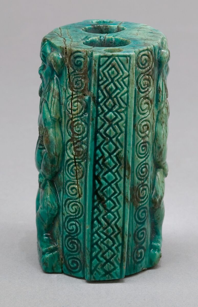 Cosmetic container decorated with a pair of Bes-images, Steatite, glazed