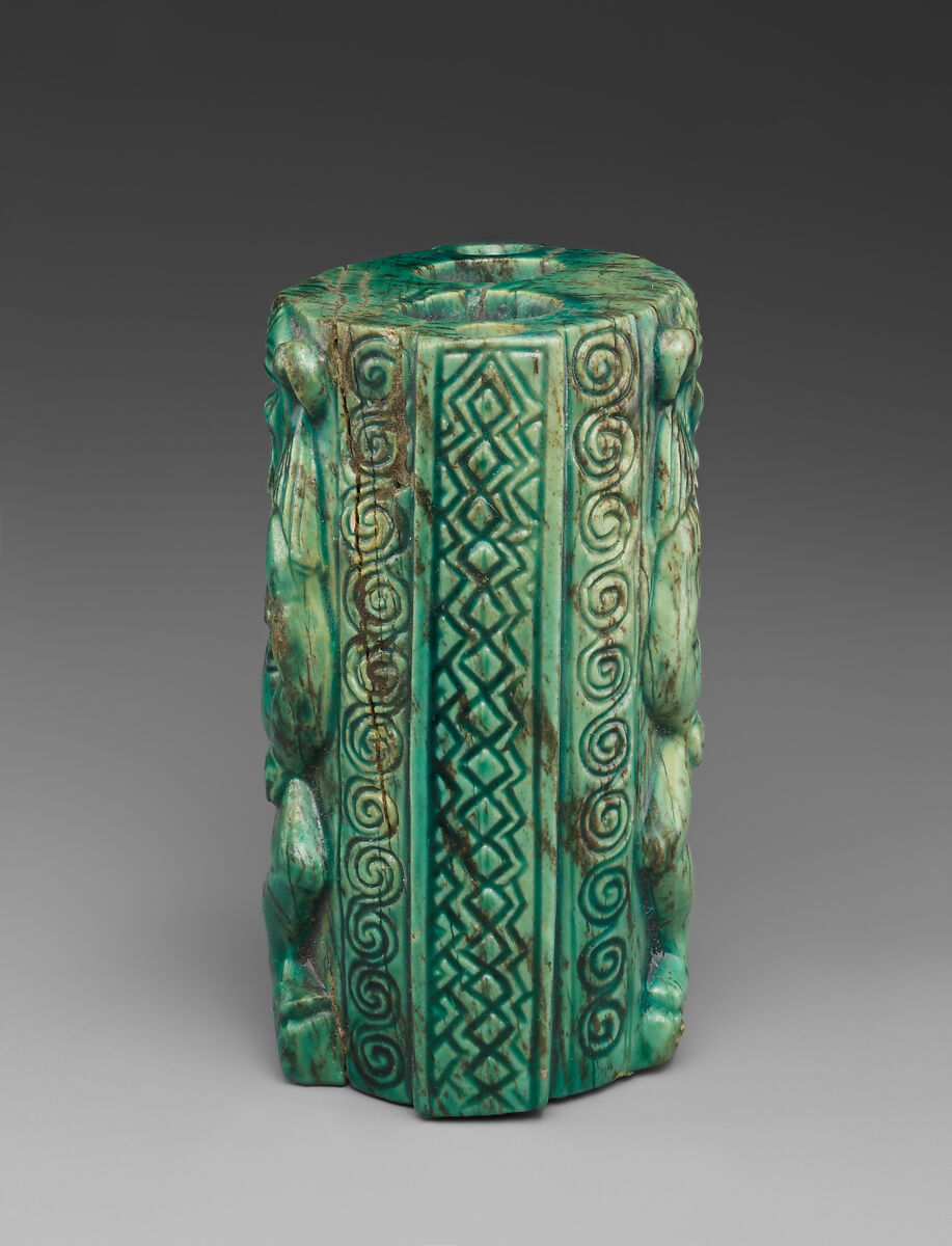 Cosmetic container decorated with a pair of Bes-images, Steatite, glazed