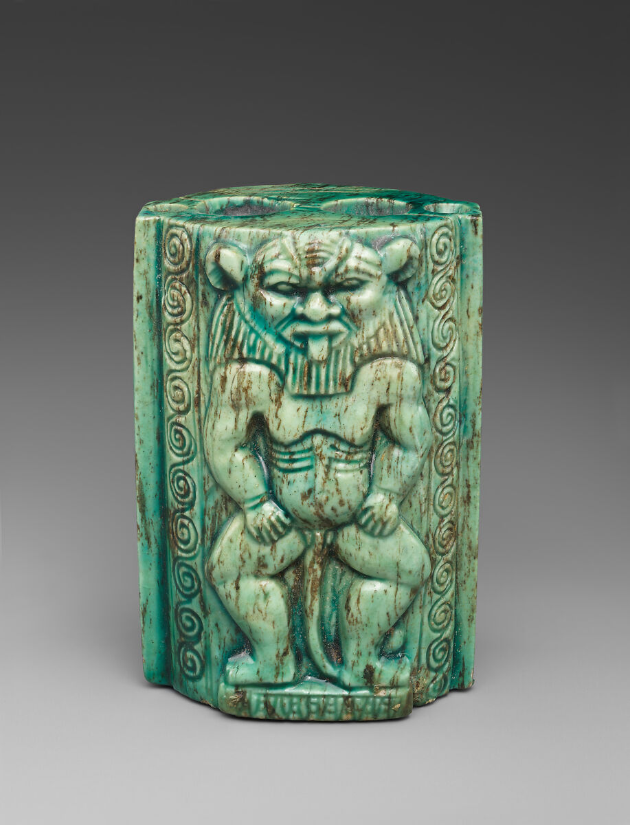 Cosmetic container decorated with a pair of Bes-images, Steatite, glazed