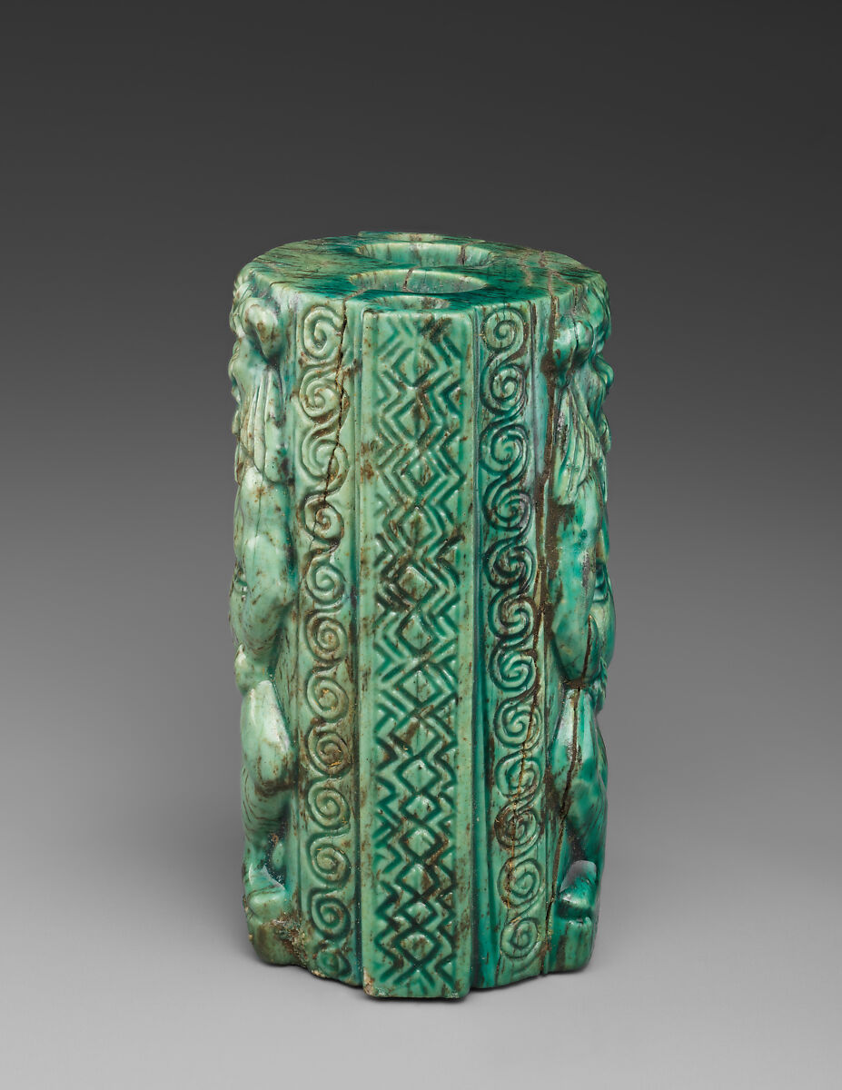 Cosmetic container decorated with a pair of Bes-images, Steatite, glazed