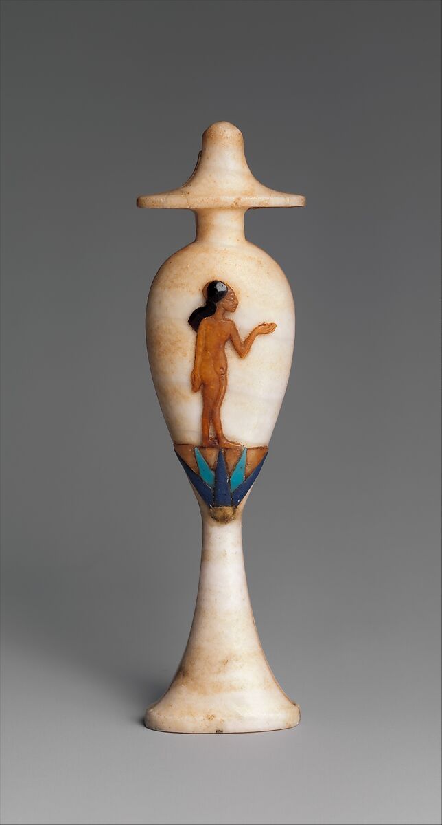 Perfume bottle in the shape of a hes-vase inlaid with the figure of a princess, Travertine (Egyptian alabaster), carnelian, obsidian,gold,  and colored glass inlay 