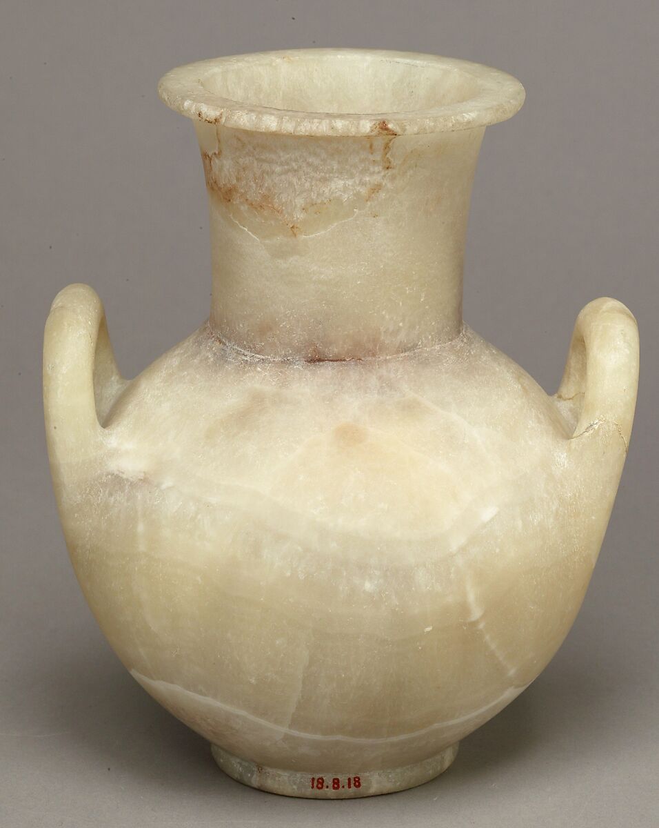 Two-Handled Ointment Jar, Crystalline and banded travertine (Egyptian alabaster)