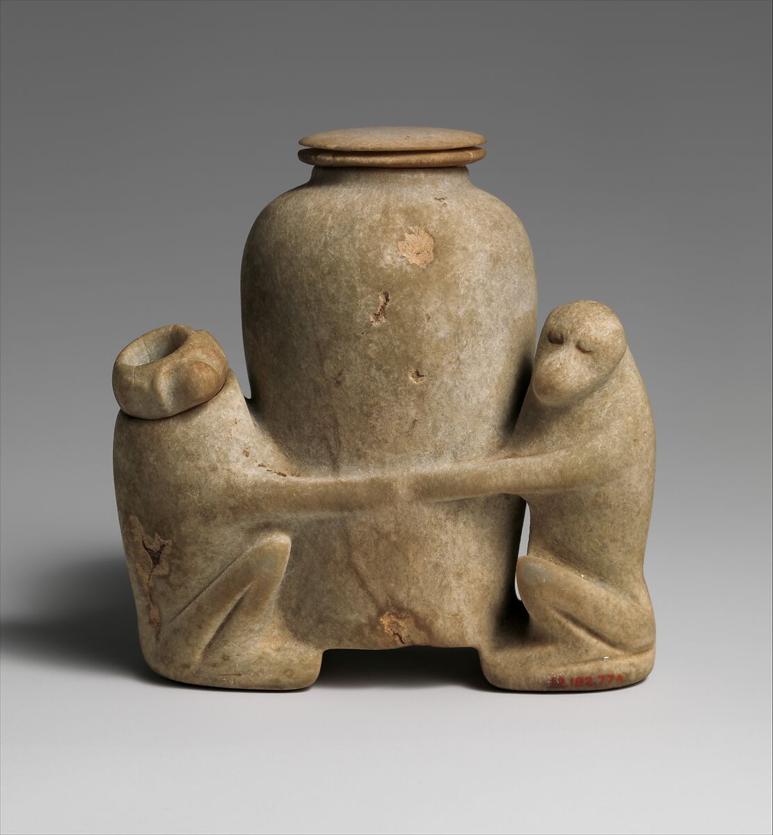 Ointment vessel in the shape of two baboons holding a jar, Anhydrite