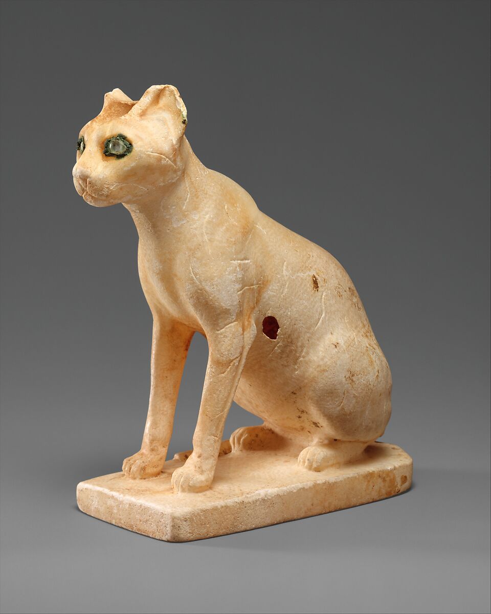 Cosmetic Vessel in the Shape of a Cat, Travertine (Egyptian alabaster), copper, quartz crystal, paint