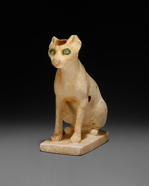 Cosmetic Vessel in the Shape of a Cat, Travertine (Egyptian alabaster), copper, quartz crystal, paint