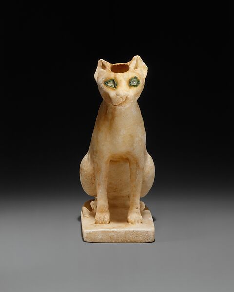 Cosmetic Vessel in the Shape of a Cat, Travertine (Egyptian alabaster), copper, quartz crystal, paint