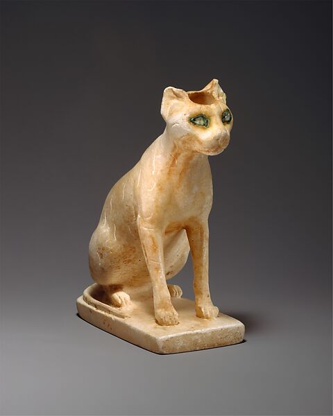 Cosmetic Vessel in the Shape of a Cat, Travertine (Egyptian alabaster), copper, quartz crystal, paint
