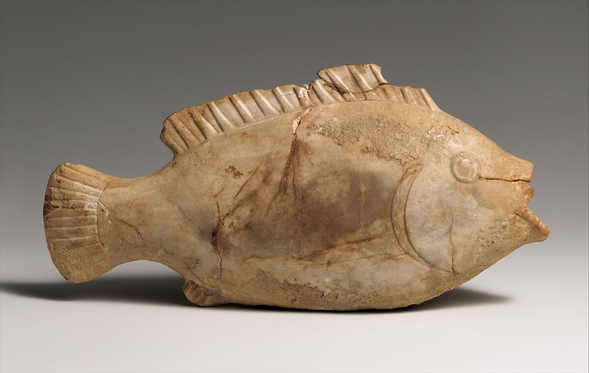 Ointment vase in the shape of a bolti fish, Anhydrite 