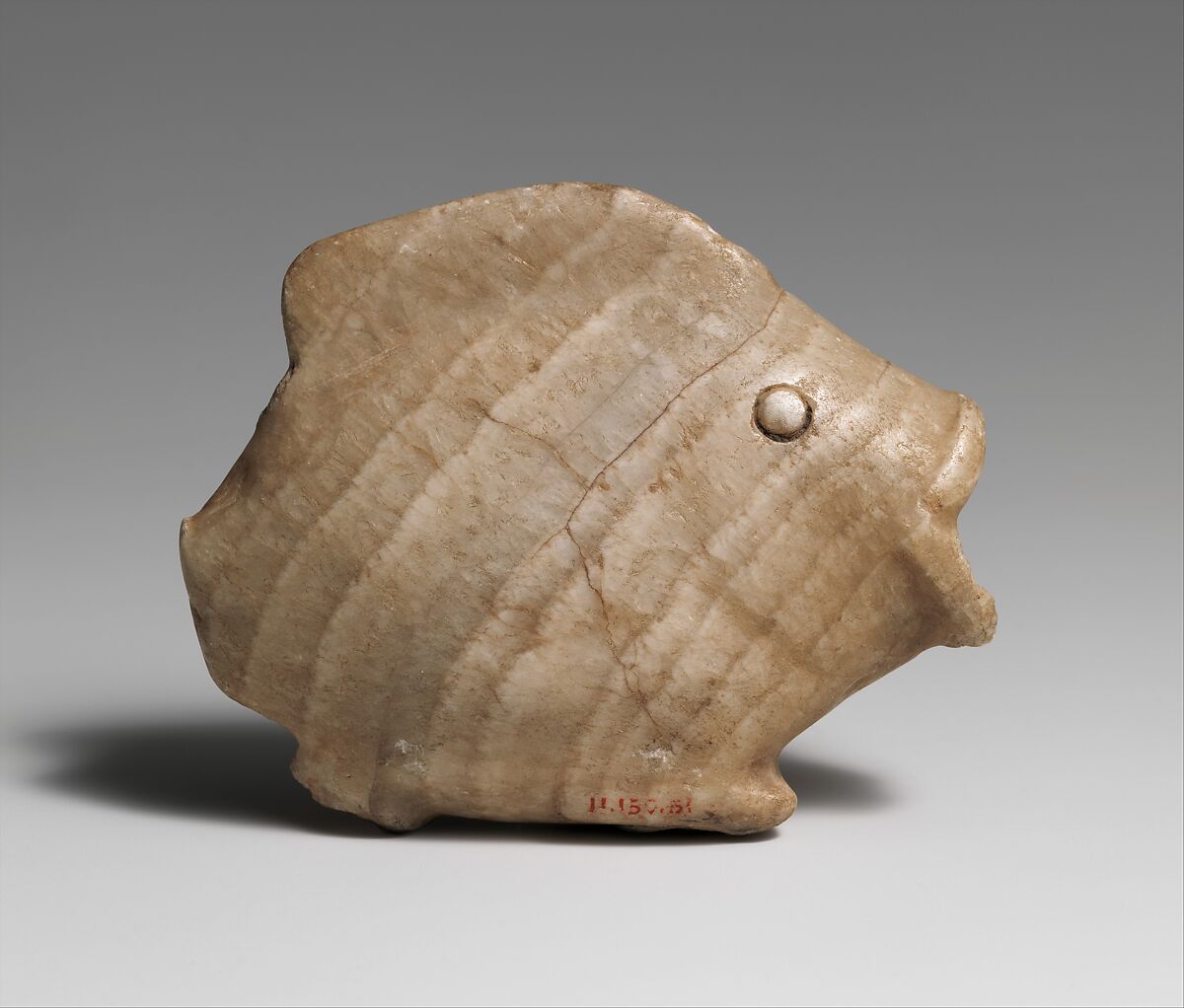 Ointment vase in the shape of a bolti fish, Travertine (Egyptian alabaster) 