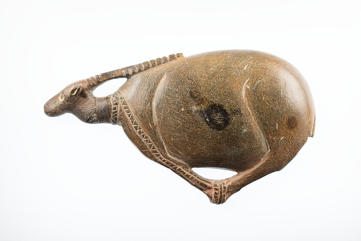 Cosmetic dish in the shape of a bound antelope, Steatite