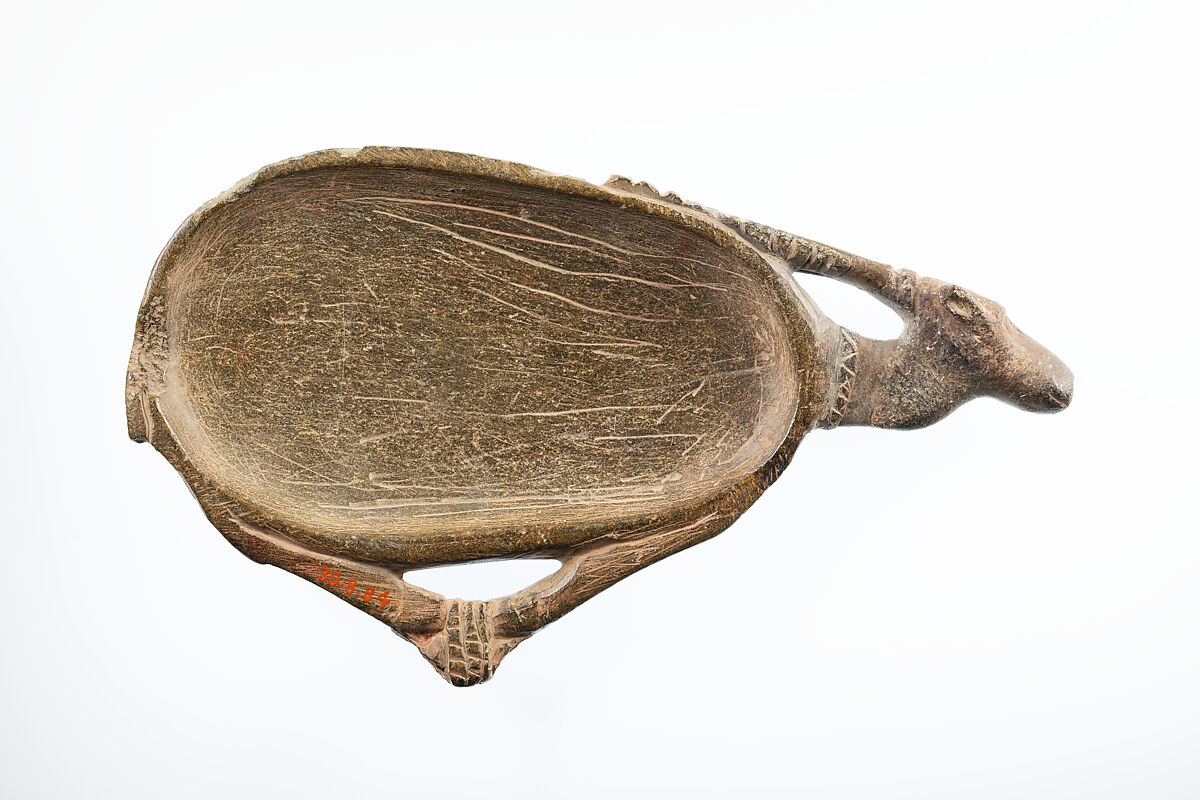 Cosmetic dish in the shape of a bound antelope, Steatite 