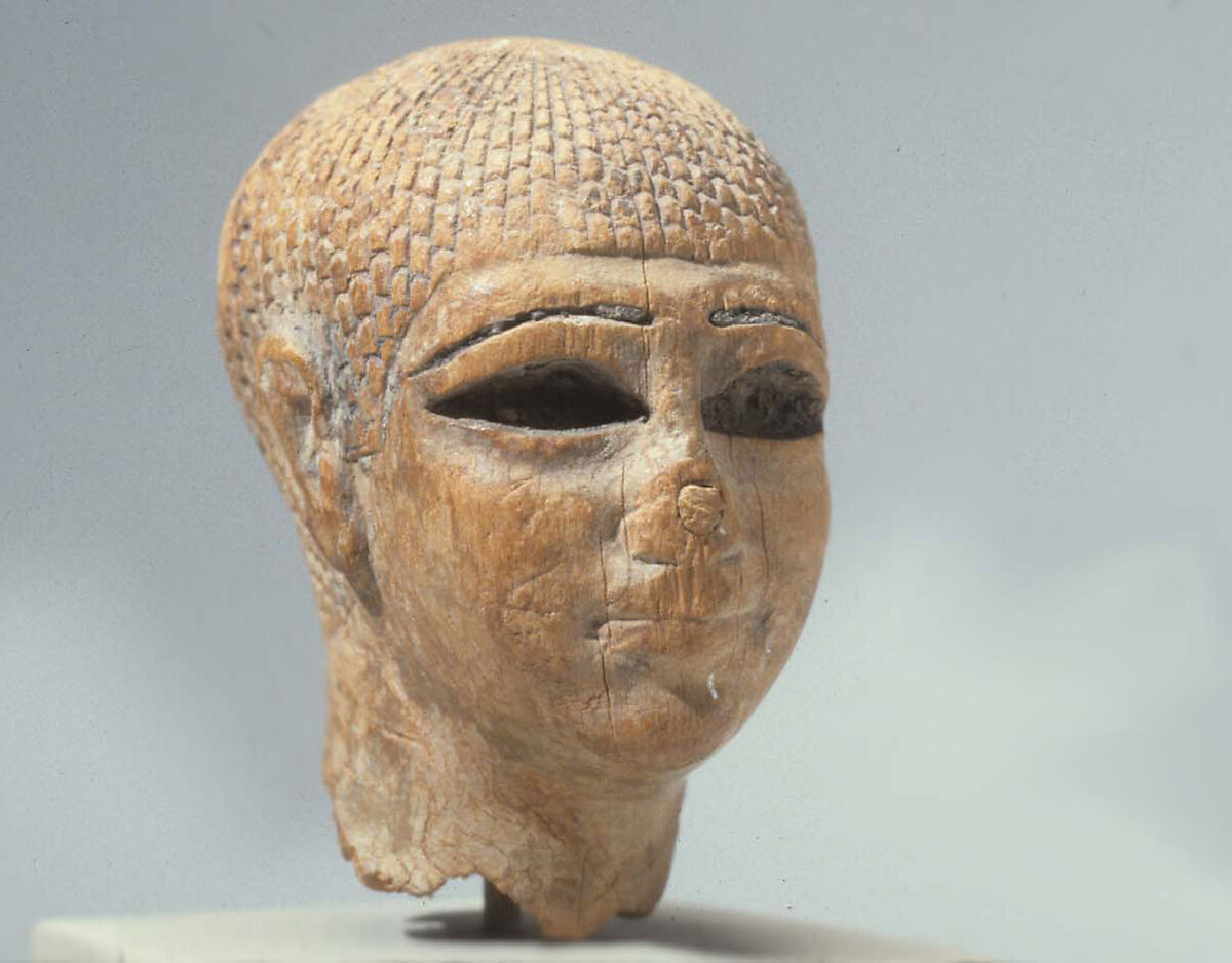 Head of a Female Figure from the Tomb of Khety, Wood, paint and paste fill