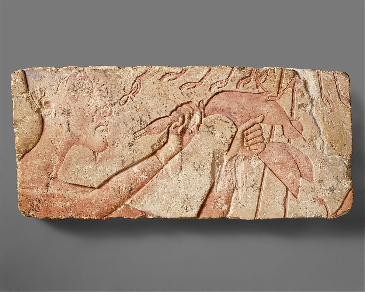 Akhenaten Sacrificing a Duck, Limestone, paint 