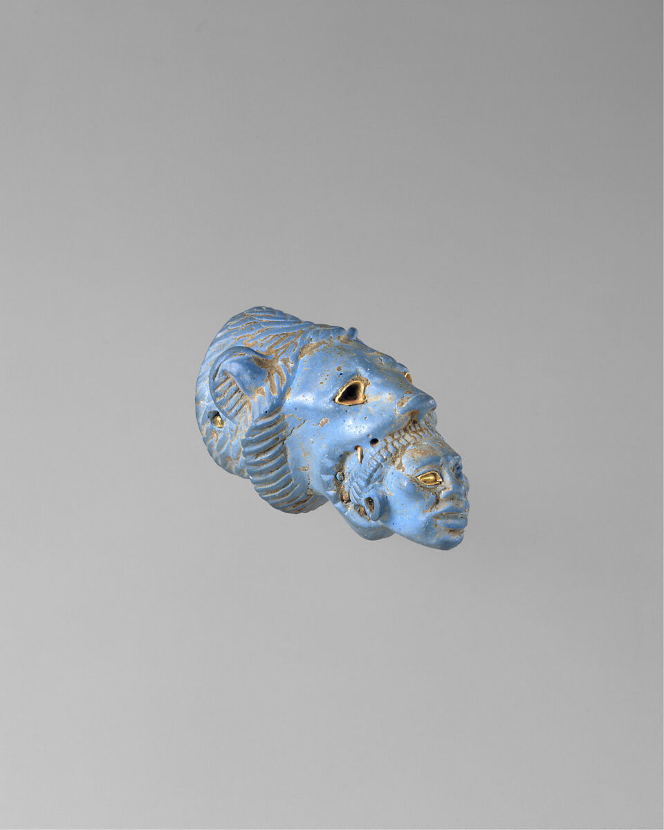 Handle Depicting a Lion Subduing a Nubian, Egyptian blue, gold 