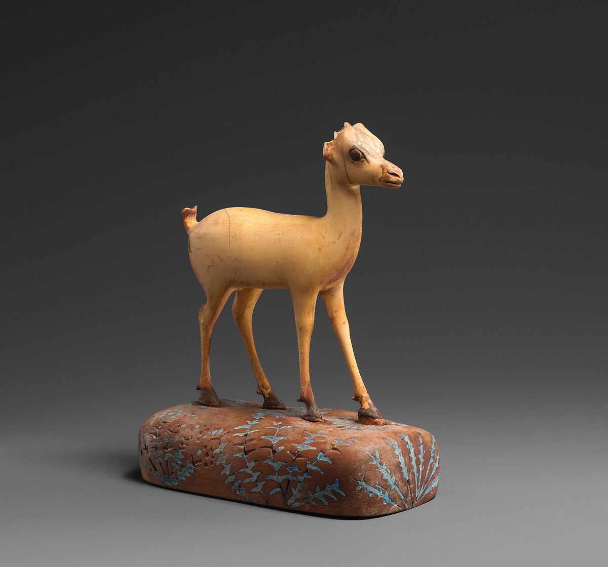 Gazelle, Ivory (elephant), wood, blue-pigment inlay