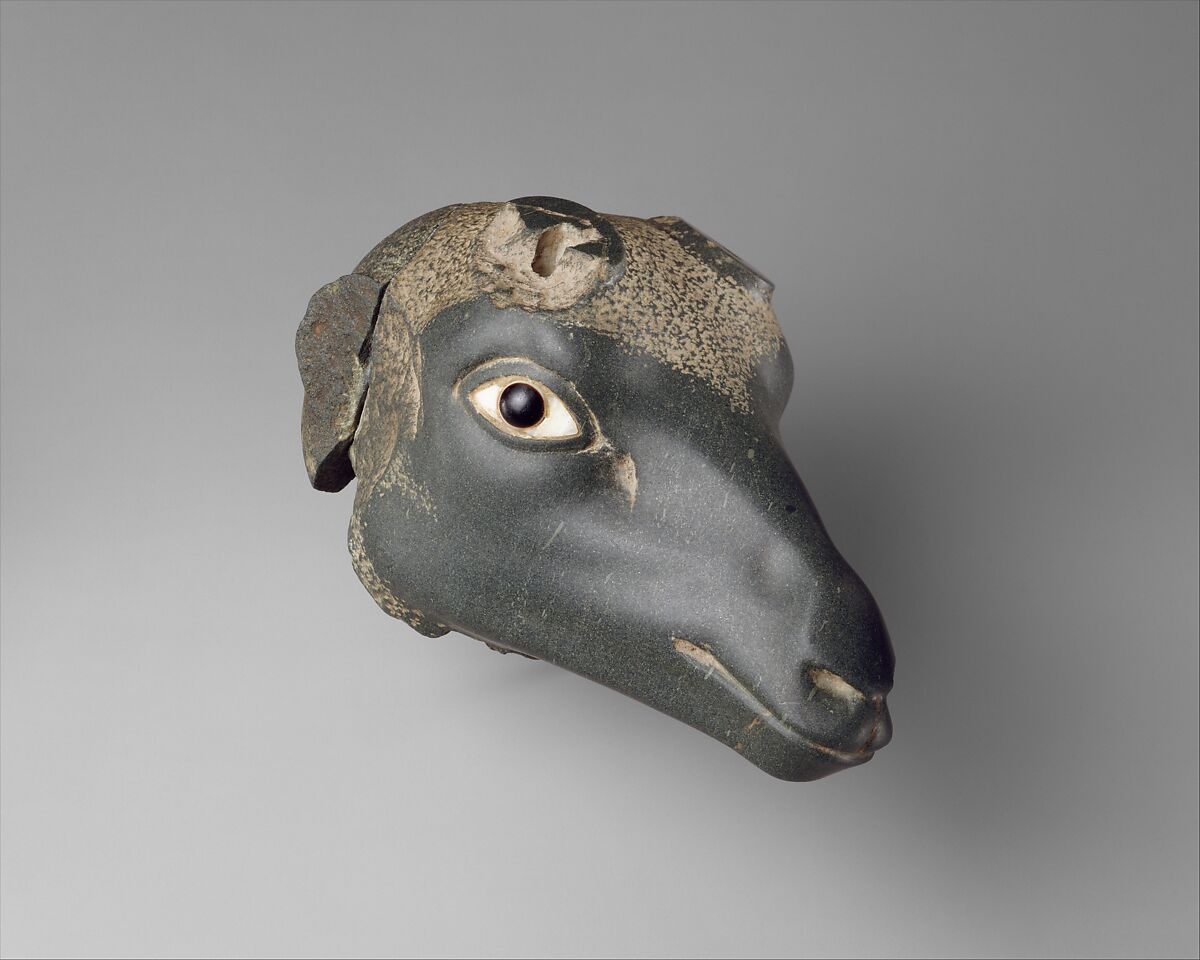 Antelope Head, Greywacke, travertine (Egyptian alabaster), agate