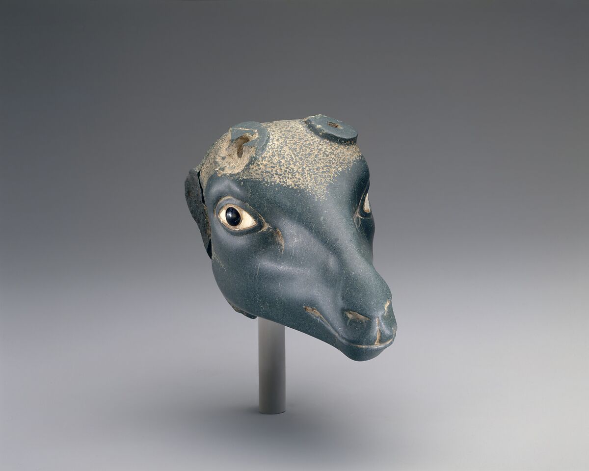 Antelope Head, Greywacke, travertine (Egyptian alabaster), agate