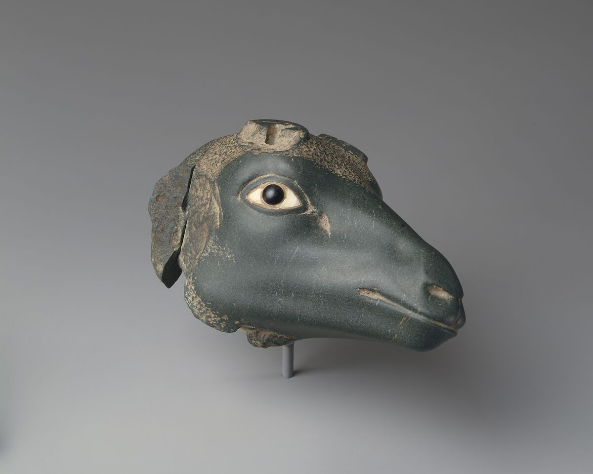 Antelope Head, Greywacke, travertine (Egyptian alabaster), agate