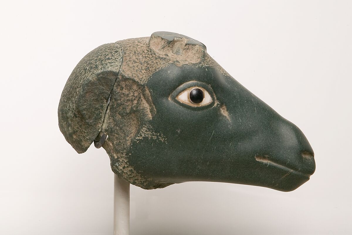 Antelope Head, Greywacke, travertine (Egyptian alabaster), agate