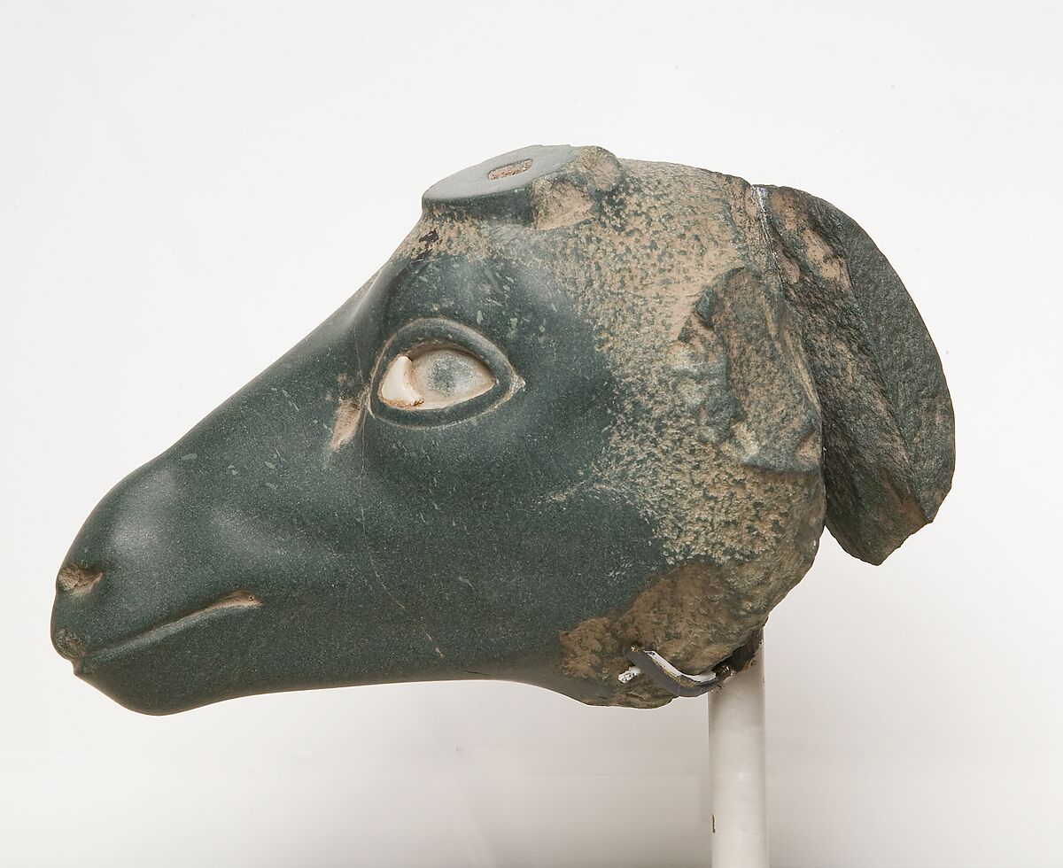 Antelope Head, Greywacke, travertine (Egyptian alabaster), agate