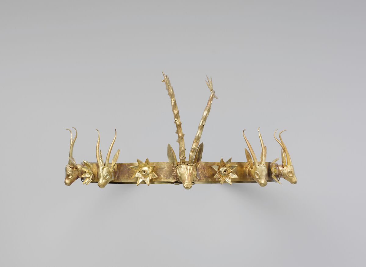 Headband with Heads of Gazelles and a Stag Between Stars or Flowers, Gold 