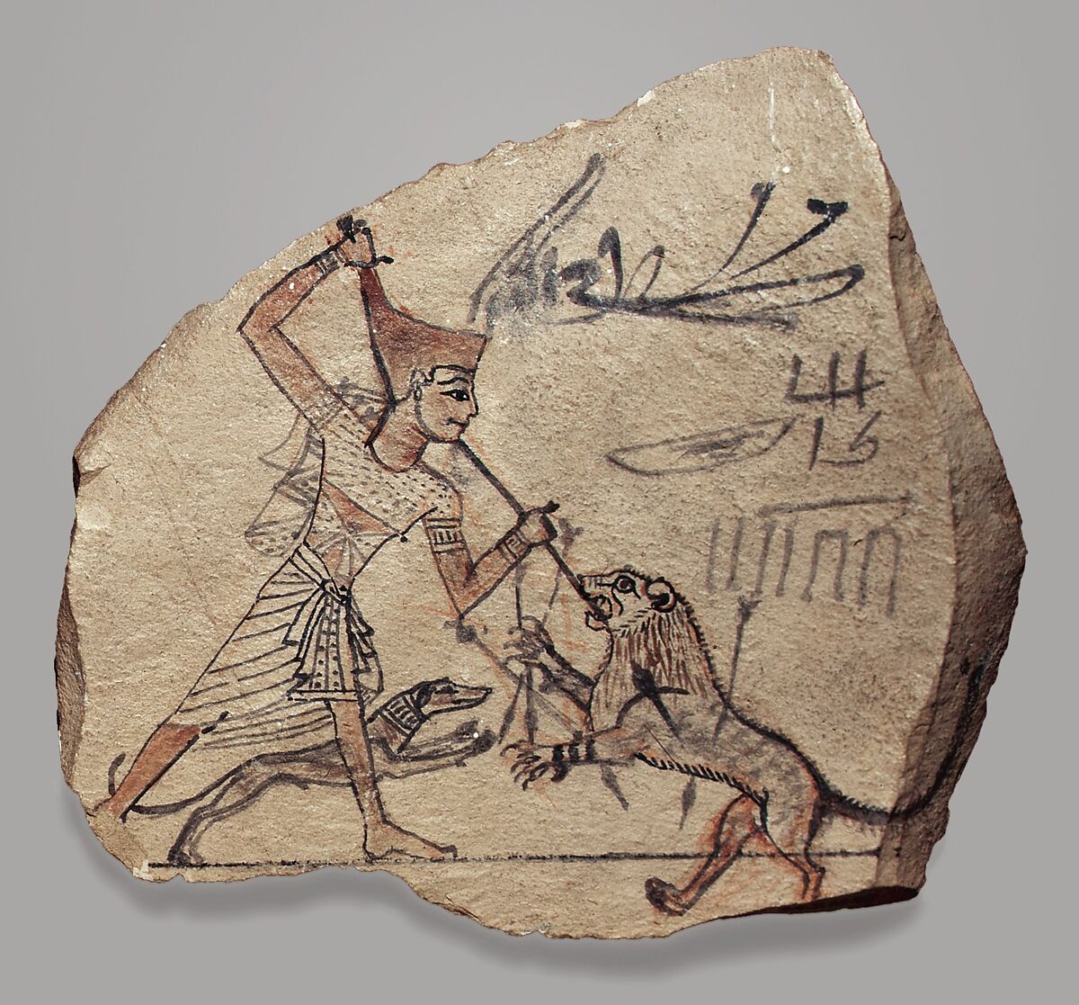 Ostracon with Pharaoh Spearing a Lion and a Royal Hymn on its Back, Limestone, ink 