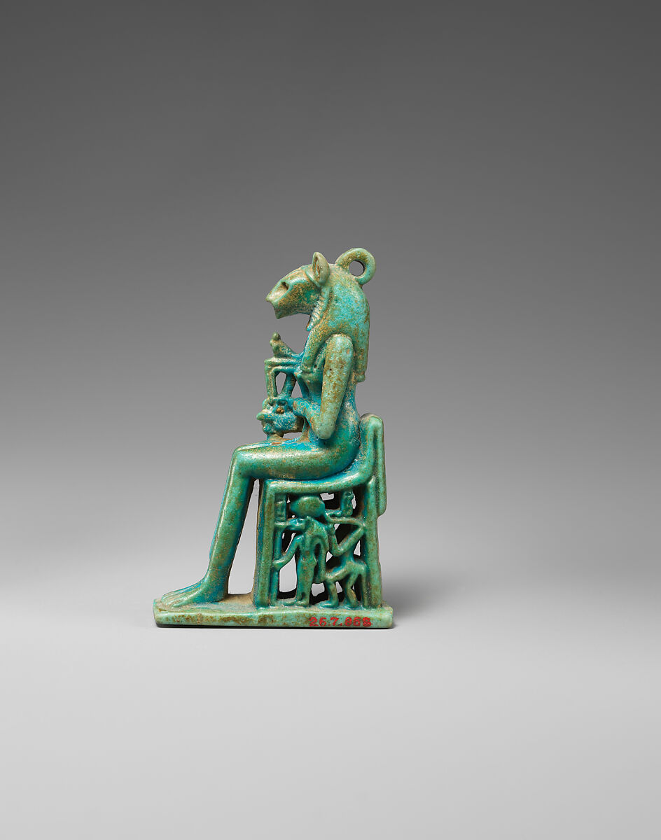 Amulet of a lion-headed Bastet, Faience