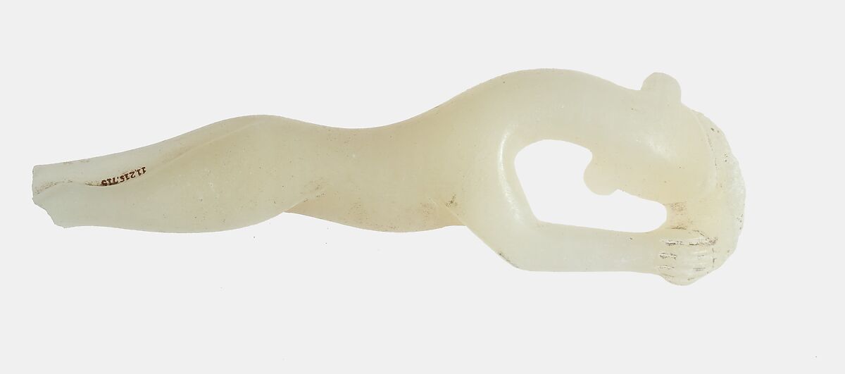 Handle of a Cosmetic Spoon in the Form of a Leopard, Travertine (Egyptian alabaster)