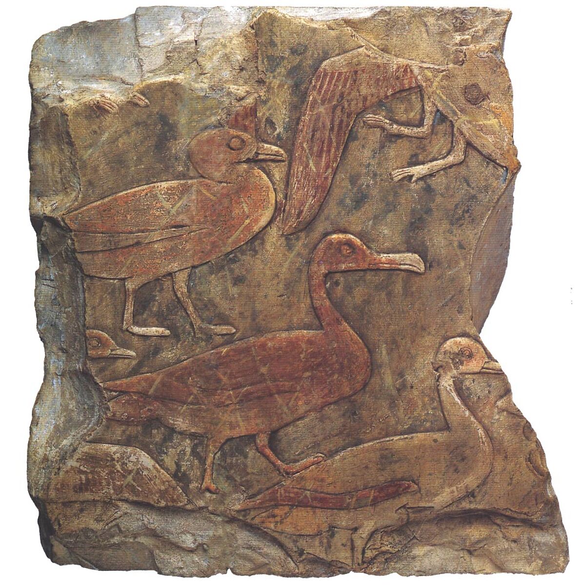 Relief Fragment Showing Waterfowl in a Clapnet, Painted limestone 