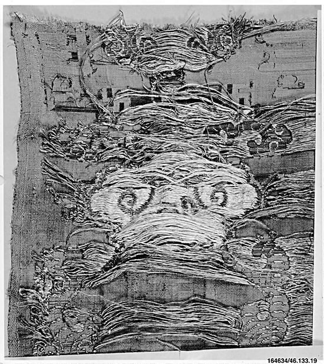 Textile fragment with characters of longevity (shou) and magic fungus, Silk brocade, China