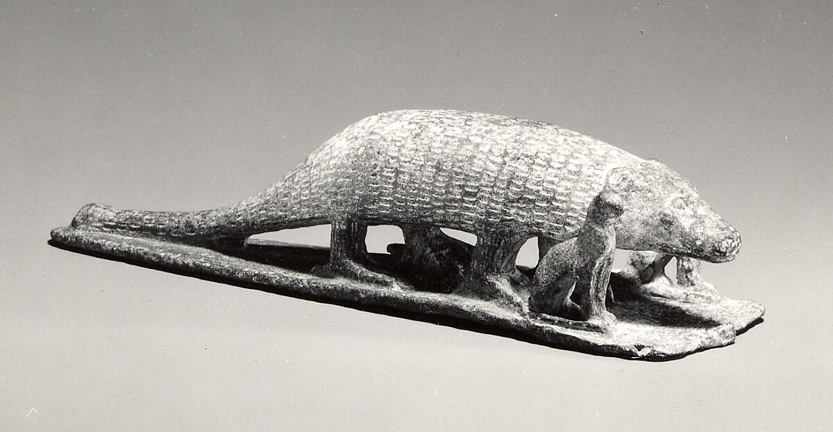 Ichneumon on a base with small cats, inscribed beneath base with the name of Padineith son of Isekhebi, Cupreous metal