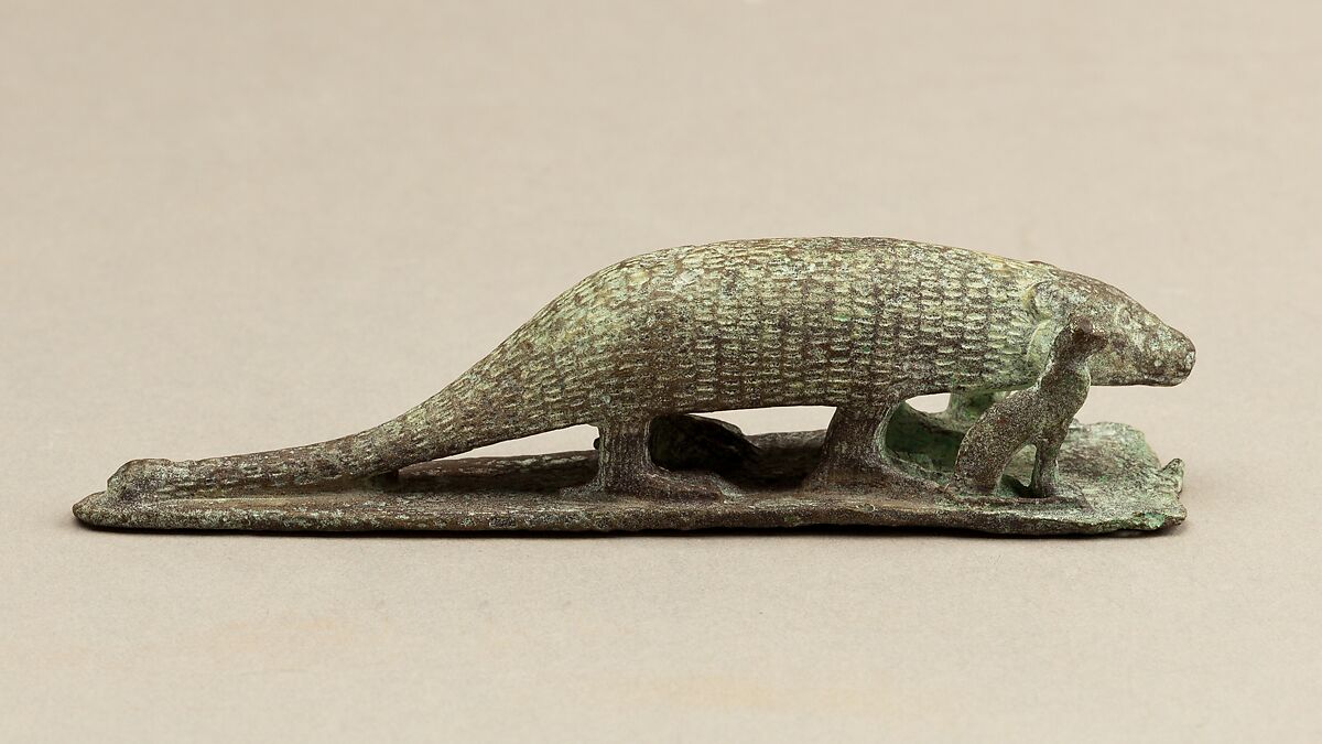 Ichneumon on a base with small cats, inscribed beneath base with the name of Padineith son of Isekhebi, Cupreous metal