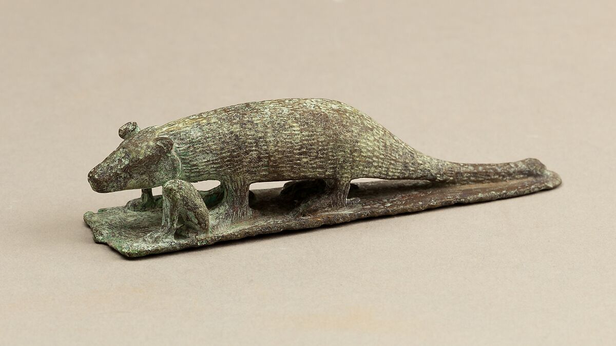 Ichneumon on a base with small cats, inscribed beneath base with the name of Padineith son of Isekhebi, Cupreous metal