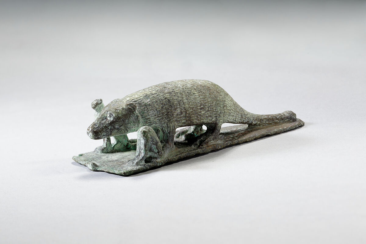 Ichneumon on a base with small cats, inscribed beneath base with the name of Padineith son of Isekhebi, Cupreous metal