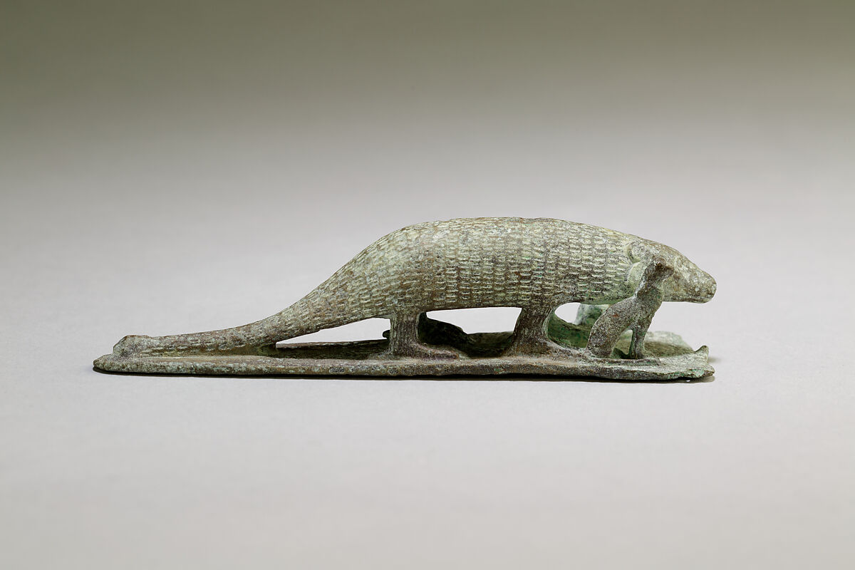 Ichneumon on a base with small cats, inscribed beneath base with the name of Padineith son of Isekhebi, Cupreous metal