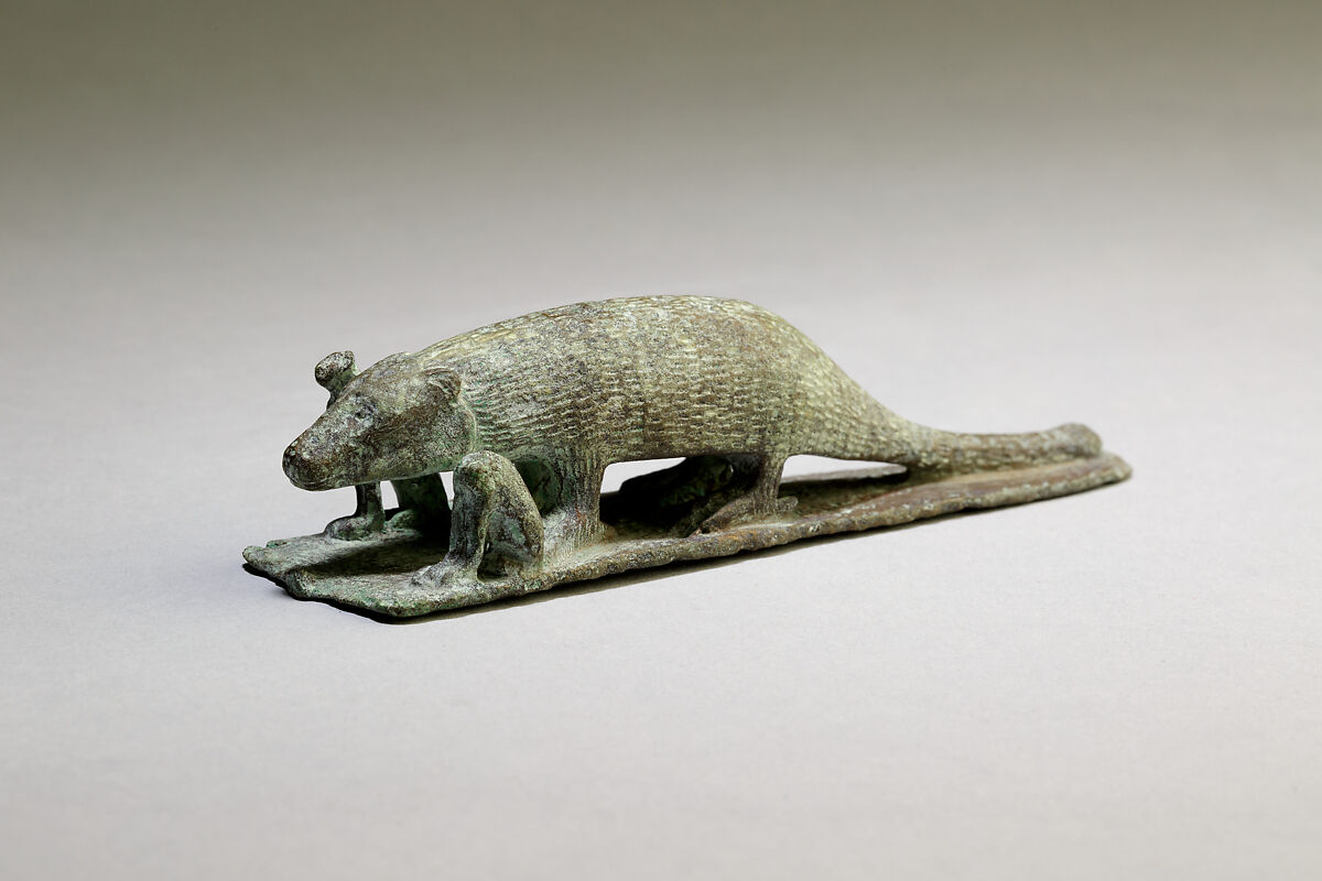 Ichneumon on a base with small cats, inscribed beneath base with the name of Padineith son of Isekhebi, Cupreous metal