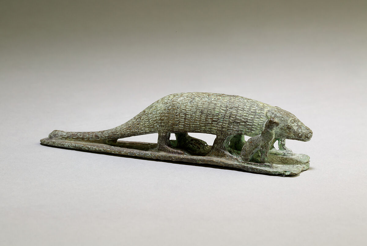 Ichneumon on a base with small cats, inscribed beneath base with the name of Padineith son of Isekhebi, Cupreous metal