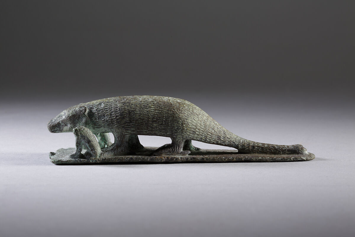 Ichneumon on a base with small cats, inscribed beneath base with the name of Padineith son of Isekhebi, Cupreous metal