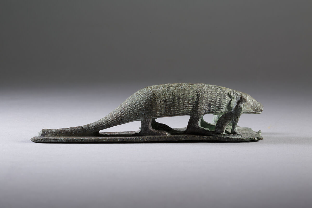 Ichneumon on a base with small cats, inscribed beneath base with the name of Padineith son of Isekhebi, Cupreous metal