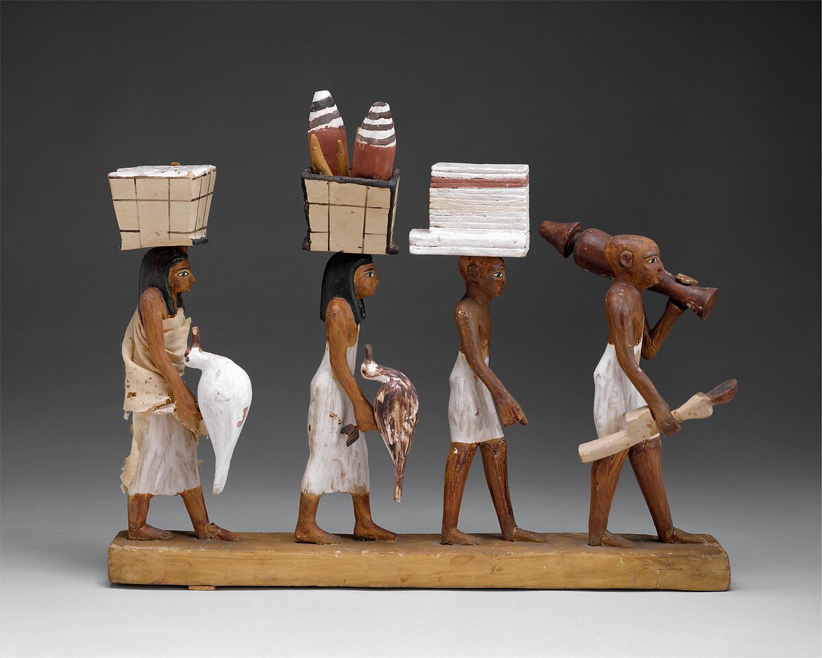 Model of a procession of offering bearers, Plastered and painted wood, linen