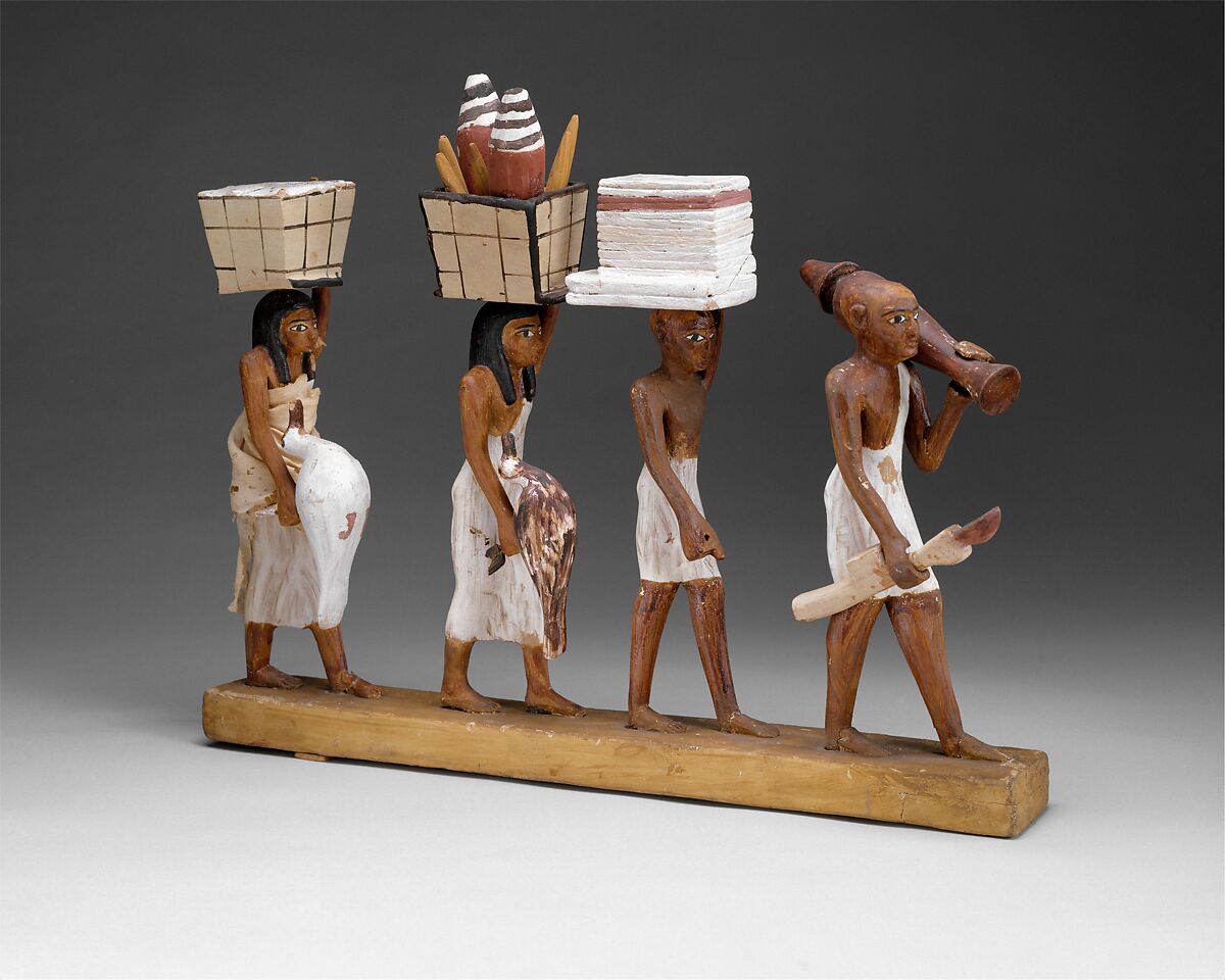Model of a procession of offering bearers, Plastered and painted wood, linen